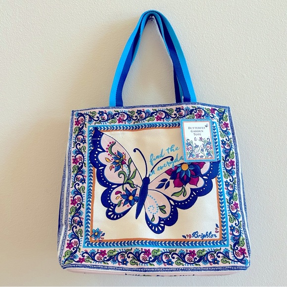 Brighton NWT Butterfly Garden Tote OS Blue Pink Canvas Shoulder Bag - Picture 8 of 8